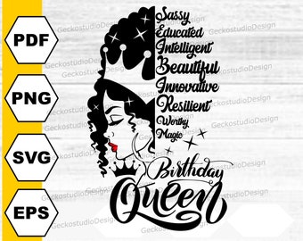 Birthday Queen svg. Black Queen svg. Birthday Girl silhouette cutfiles. Happy Birthday svg. Afro Woman clipart png.