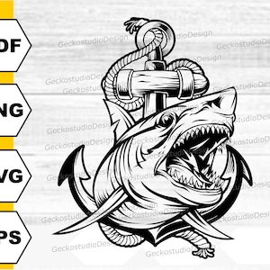 May include: Black and white graphic of a shark with an open mouth, teeth bared, intertwined with an anchor and rope. The design includes the text "PDF", "PNG", "SVG", and "EPS" on the left side.