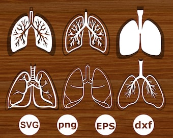 May include: Six different white silhouette designs of human lungs, with varying levels of detail, on a brown wood background. The designs include simple outlines, detailed internal structures, and variations in the shape of the lungs. The designs are labeled with the file formats SVG, PNG, EPS, and DXF.