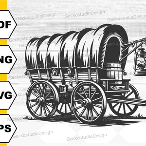 May include: A black and white illustration of a vintage covered wagon with wooden wheels, a barrel, and a lantern. The wagon is drawn in a detailed, realistic style.