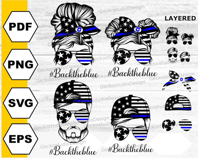 May include: A digital design file featuring a layered illustration of a woman and a man with a blue line flag, sunglasses, and a beard. The design includes the text "#Backtheblue".