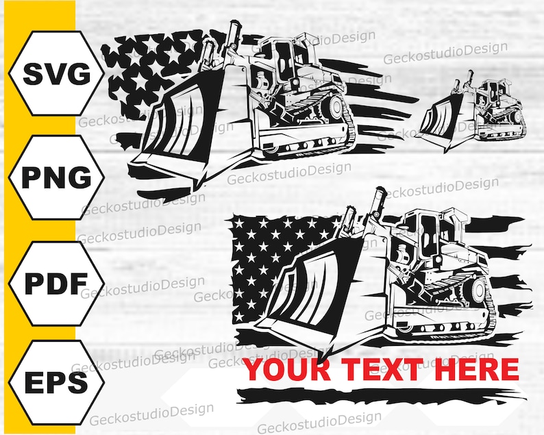Puede incluir: Ilustraci&oacute;n en blanco y negro de una excavadora con una gran pala delante de una bandera estadounidense. La excavadora est&aacute; orientada hacia la derecha y la bandera est&aacute; detr&aacute;s de ella. El texto "YOUR TEXT HERE" est&aacute; debajo de la excavadora.