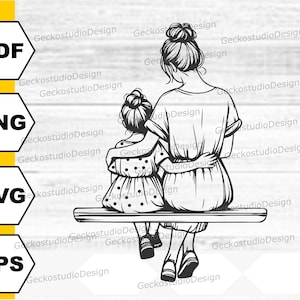 Puede incluir: Ilustración en blanco y negro de una madre y una hija sentadas en un banco. La madre tiene el brazo alrededor del hombro de la hija. Ambas miran en la misma dirección, lejos del espectador.