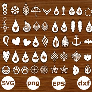 May include: A collection of 48 white SVG cut files for earrings. The designs include various shapes, such as hearts, stars, leaves, and animals. The files are labeled with the words "SVG", "png", "EPS", and "dxf".