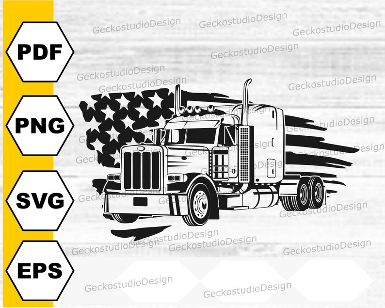 May include: Black and white illustration of a semi-truck with a trailer driving past a stylized American flag. The truck has a large grill and a long hood. The flag is made up of stripes and stars.