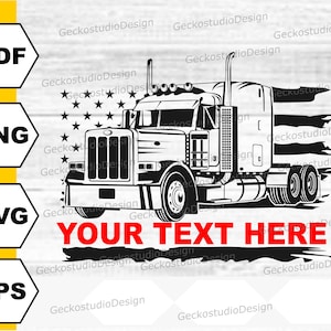 May include: Black and white illustration of a semi-truck with a trailer. The truck is driving on a road with a tattered American flag in the background. The text "YOUR TEXT HERE" is below the truck.