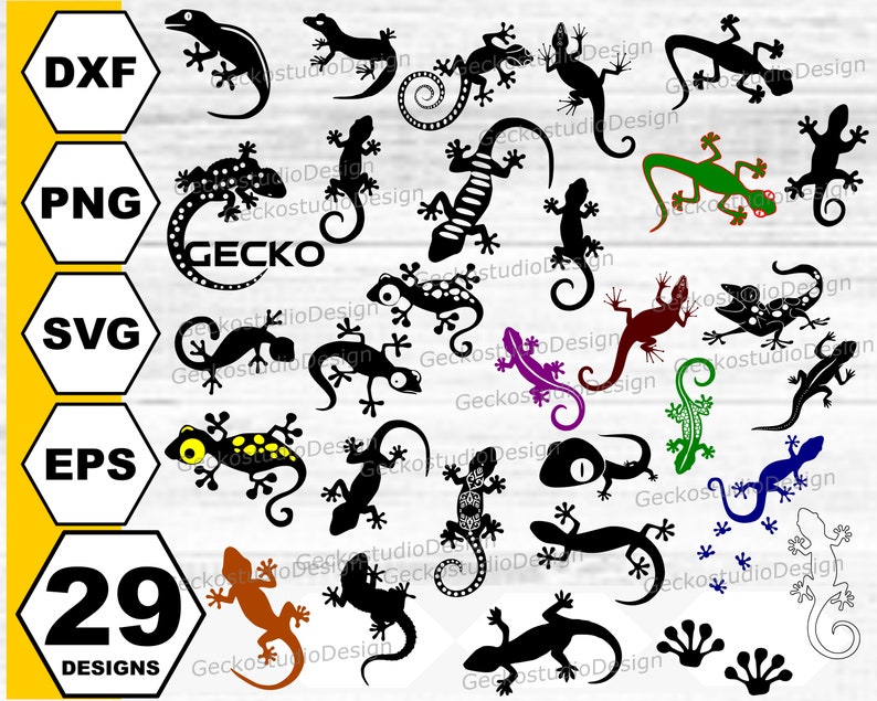 May include: A set of 29 black and white gecko silhouette designs. The designs are in various poses and sizes. The text "GECKO" is included in the image.