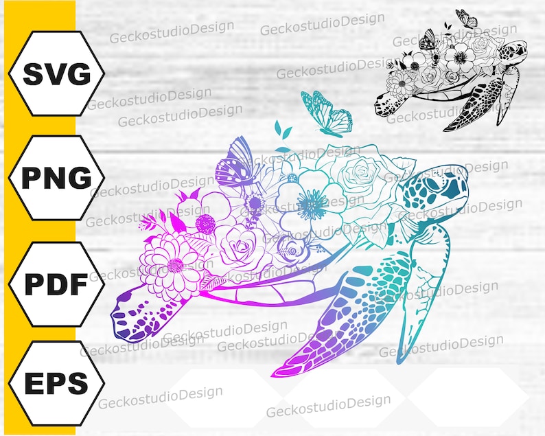 K&ouml;nnte beinhalten: Eine farbenfrohe, verlaufende Illustration einer Meeresschildkr&ouml;te mit Blumen und Schmetterlingen auf ihrem Panzer. Die Schildkr&ouml;te blickt nach rechts und hat einen detaillierten Panzer mit einem Blumenmuster. Die Blumen sind in Rosa-, Lila- und Blaut&ouml;nen gehalten, und die Schmetterlinge sind wei&szlig; mit schwarzen Markierungen.