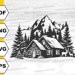 Winter Wood Cabin svg. House Rustic svg. Woods Pine In Mountains svg. Winter Cabin silhouette cut files. Winter Scene Cabin svg. Cabin svg.