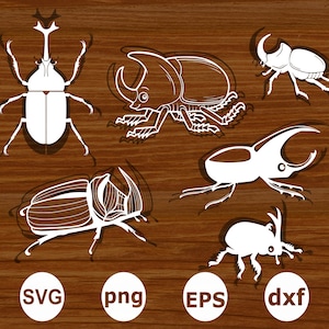 May include: White insect illustrations in various poses, including beetles, on a brown wood grain background. The image includes the text "SVG", "png", "EPS", and "dxf" in white circles.