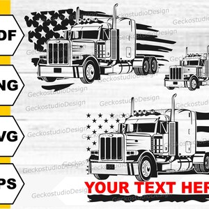 May include: Black and white silhouette of a semi-truck with a trailer, driving past a stylized American flag. The text "YOUR TEXT HERE" is below the truck.