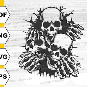 May include: Three black and white skulls with skeletal hands bursting through a cracked wall. The skulls have detailed features and are arranged in a menacing pose.