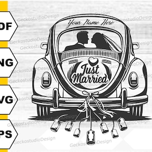 Net getrouwd auto SVG. Net getrouwd silhouet gesneden bestanden. Bruiloft-svg. Betrokkenheid SVG. Huwelijk-svg. Paar PNG. Liefdesverhaal SVG.