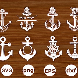 May include: Set of eight white anchor SVG cut files. The anchors are in various styles, including a classic anchor with a chain, an anchor with a rope, an anchor with a wheel, and an anchor with a mermaid tail. The files are available in SVG, PNG, EPS, and DXF formats.