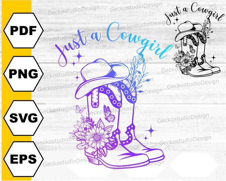 Puede incluir: Bota vaquera de degradado morado y azul con un dise&ntilde;o floral y un sombrero de vaquero en la parte superior. El texto "Just a Cowgirl" est&aacute; escrito en letras de degradado morado y azul.