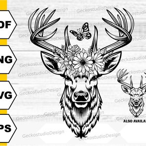 Floral Hirsch svg. Hirschkopf svg. Hirsch mit Blumen svg. Hirsch svg. Hirsch Gesicht svg. Hirsch Clipart. Hirsch schnitt Dateien Silhouette PNG