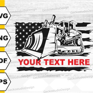 Puede incluir: Ilustraci&oacute;n en blanco y negro de una excavadora con una gran pala, sobre un fondo de bandera estadounidense desgastada. El texto "YOUR TEXT HERE" est&aacute; escrito en rojo debajo de la excavadora.
