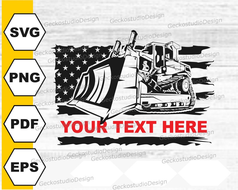 Puede incluir: Ilustraci&oacute;n en blanco y negro de una excavadora con una gran pala, sobre un fondo de bandera estadounidense desgastada. El texto "YOUR TEXT HERE" est&aacute; escrito en rojo debajo de la excavadora.