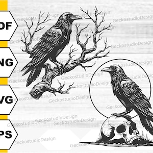 Puede incluir: Ilustración en blanco y negro de dos cuervos, uno posado en una rama de árbol desnuda y el otro posado en una calavera.