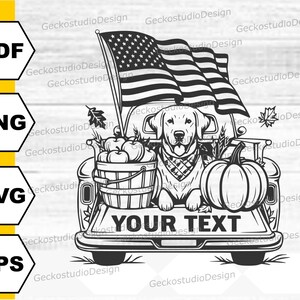 May include: Black and white illustration of a Labrador Retriever dog in a vintage truck bed, with an American flag, pumpkins, and a basket of apples. The text "YOUR TEXT" is displayed on the truck.