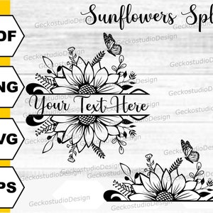 May include: Black and white graphic design of two sunflowers with butterflies and the text "Your Text Here" in the centre. The sunflowers are split in half and facing opposite directions.
