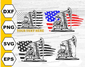 May include: Black and white illustration of an oil pump jack with a distressed American flag background. The text "YOUR TEXT HERE" is below the image.