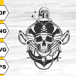 Könnte beinhalten: Schwarz-weiß-Illustration eines Piraten-Schädels, der einen Hut mit Totenkopf und Knochen trägt. Der Schädel hält in jeder Hand ein Schwert und ist von einem Anker und einem Seil umgeben.