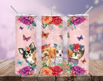 Cute Floral Dog Tumbler png. Dog Tumbler Wrap. Rose Tumbler png. Dog png. Dog Sublimation Design. Floral Tumbler Wrap.20 Oz Skinny Tumbler.