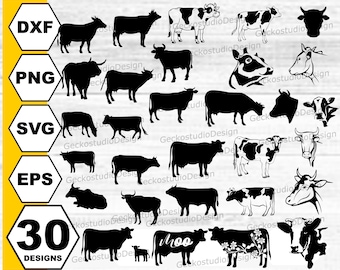 May include: A set of 30 black and white cow silhouette designs in various poses, including standing, lying down, and headshots. The designs are perfect for crafting projects, scrapbooking, and digital design.