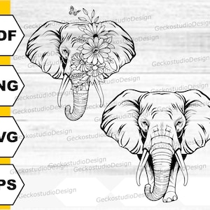 May include: A black and white elephant head design, one with floral decorations and a butterfly. The image shows file type options: PDF, PNG, SVG, and EPS. The elephant graphic is detailed and suitable for creative projects.