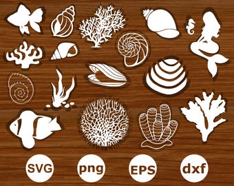 May include: A set of 14 white silhouette SVG cut files featuring various sea life and ocean-themed designs, including a mermaid, seahorse, coral, seashells, and a clownfish. The designs are perfect for crafting projects, scrapbooking, and more.