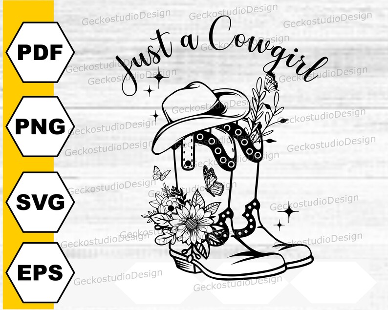 Puede incluir: Ilustraci&oacute;n en blanco y negro de l&iacute;nea de una bota de vaquero con un arreglo floral y un sombrero de vaquero. El texto "Just a Cowgirl" est&aacute; escrito sobre la bota.