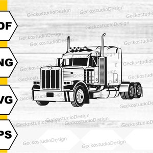 May include: Black and white silhouette of a semi-truck with a long trailer. The truck has a large cab with a detailed front grill and a large exhaust pipe. The trailer is empty.