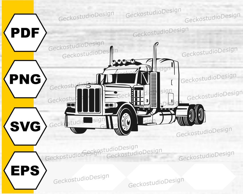 May include: Black and white silhouette of a semi-truck with a long trailer. The truck has a large cab with a detailed front grill and a large exhaust pipe. The trailer is empty.