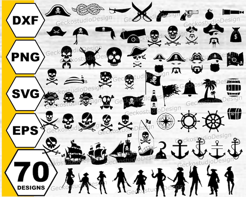 May include: A set of 70 black and white pirate themed digital clip art designs. The designs include skulls, crossbones, swords, anchors, ships, treasure chests, flags, and more. The designs are perfect for use in scrapbooking, card making, party decorations, and other craft projects.
