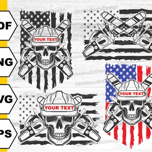 May include: A black and white skull wearing a hard hat with the text "YOUR TEXT" on it, crossed chainsaws, and an American flag in the background.