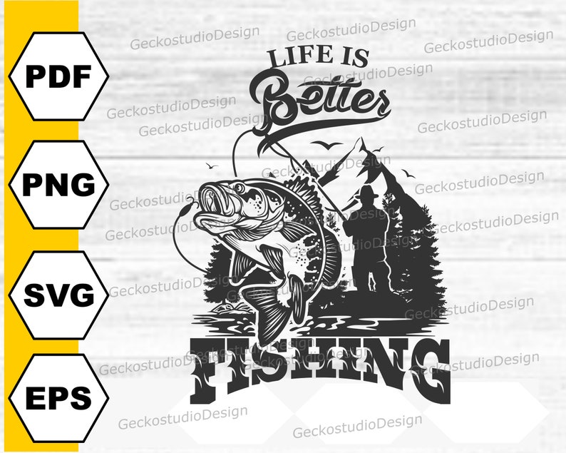 K&ouml;nnte beinhalten: Schwarz-wei&szlig;-Illustration eines Fischers mit einer Angelrute und einem gro&szlig;en Fisch. Der Text "Life is Better Fishing" ist in einer fetten, stilisierten Schrift geschrieben.
