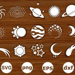 Puede incluir: Un conjunto de 16 archivos de corte SVG de temática espacial en blanco, que incluyen una estrella fugaz, una luna creciente, un sol, una galaxia, un planeta y más. Los archivos son perfectos para crear manualidades, decoraciones y otros proyectos.