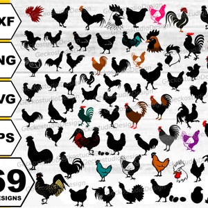 May include: A set of 69 black and white rooster and hen silhouette designs. The designs are in various poses and include roosters with combs, hens with feathers, and eggs. The designs are perfect for crafting, scrapbooking, and other creative projects.