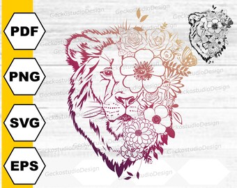 Könnte beinhalten: Eine digitale Illustration eines Löwenkopfes mit einem Farbverlauf von Pink und Lila. Der Löwenkopf ist von einer Vielzahl von Blumen und Blättern umgeben, darunter Rosen, Gänseblümchen und Farne.