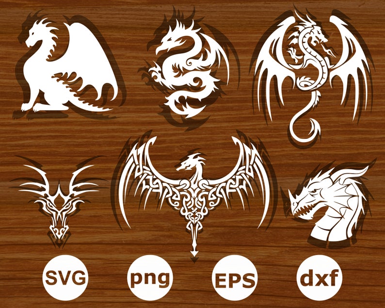 May include: Six different white dragon designs in SVG, PNG, EPS, and DXF file formats. The designs feature various dragon poses, including a dragon with wings spread, a dragon curled up, and a dragon with its head held high.