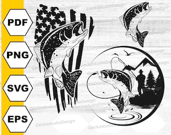 Könnte beinhalten: Schwarz-weiße Silhouette eines Fisches, der aus dem Wasser springt, mit einer Angelrute und einem Fischer im Hintergrund. Der Fisch springt vor einer amerikanischen Flagge.