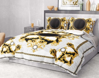 Ensemble housse de couette 3D baroque doré en satin de coton, décoration d'intérieur housse de couette en satin de coton, ensemble de housse de couette minimaliste baroque foncé