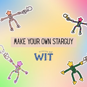 May include: Four colorful star-shaped figures with keychains are displayed against a pastel gradient background. The text "MAKE YOUR OWN STARGUY" is centered. The logo for "Wild Indigo Threads" is also visible.