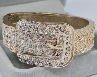 Vintage chunky rhinestone buckle bracelet Gold tone cuff bracelet
