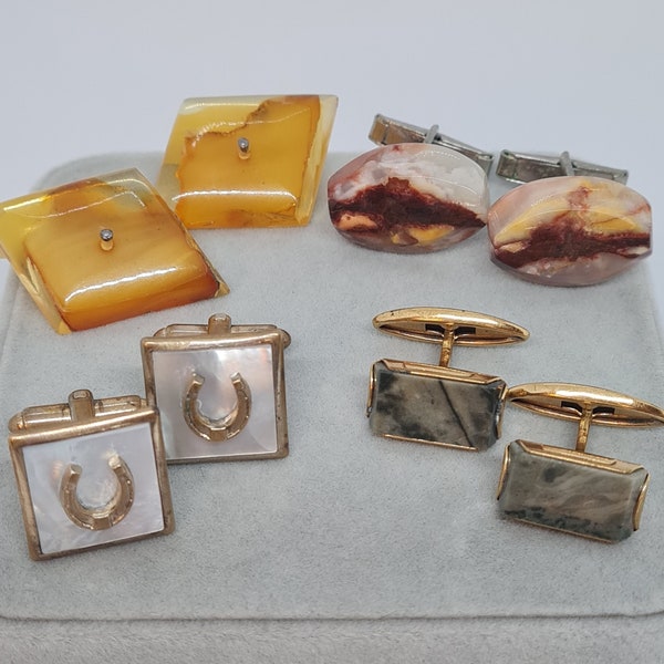 Vintage natural stone cufflinks Silver and gold tone metal with Marble,Mother of pearl, and Baltic stone cufflinks