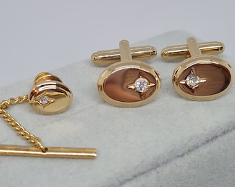 Vintage tiny cufflinks & tie tack set Gloss gold-tone oval cuff links with clear rhinestones
