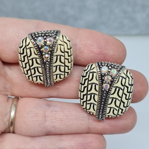 Vintage 1960s square clip-on earrings Carved resin with AB rhinestone clip earrings