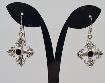 Vintage 925 silver drop earrings Sterling silver with black enamel dangle earrings