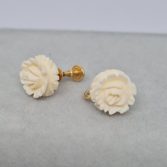 Vintage Celluloid Screw Earrings Gold tone Metal 12k Gold Filled Ivory Carved Rose Earrings Etsy Canada